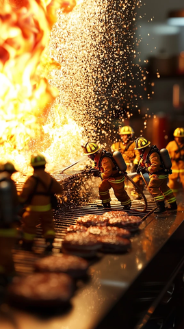 迷你消防员扑灭巨型烤肉大火