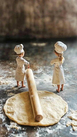 迷你厨师用擀面杖擀面团