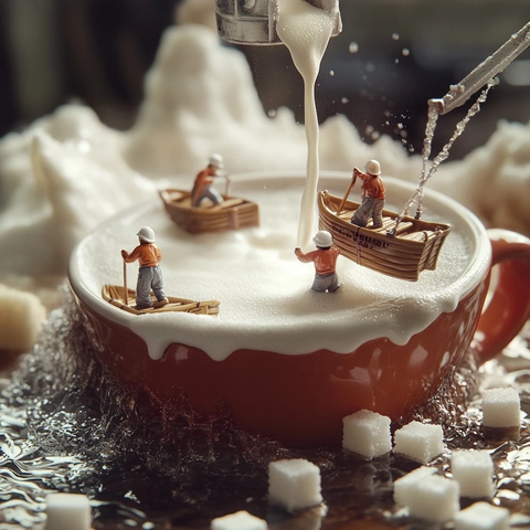 咖啡杯中微型码头工人忙碌场景