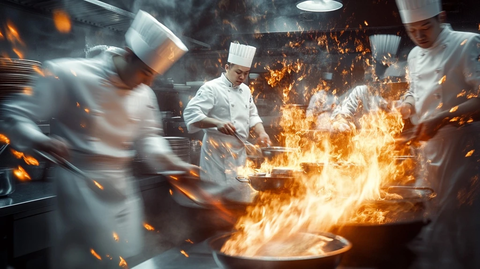 厨师高速度切菜颠锅火焰升腾