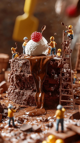 小工人建造巨型巧克力熔岩蛋糕