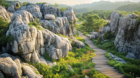 山间木板路蜿蜒于巨石绿植间的自然美景