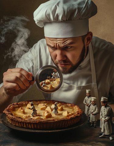 厨师观察苹果派与微缩人物