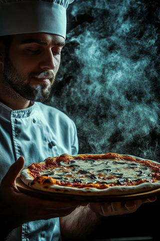 厨师注视新鲜出炉的披萨