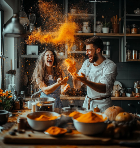 夫妻厨房嬉戏撒调料