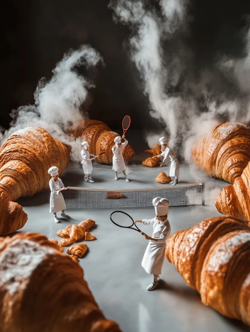 厨师小人在巨大牛角面包上打网球