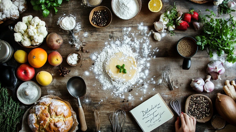 新鲜果蔬香料木桌美食布置