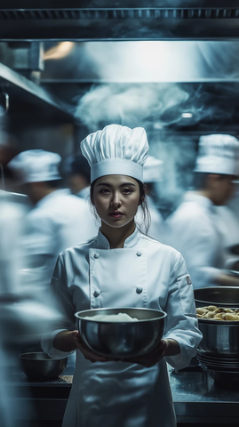 女厨师手持搅拌碗厨房忙碌