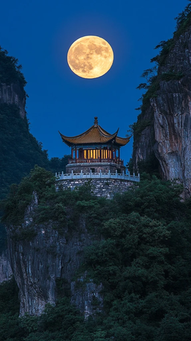 山间古亭在满月照耀下的唯美夜景