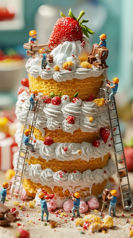 小人建造多层巨型蛋糕