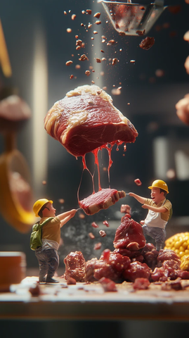 小厨师跳跃牛肉纤维场景