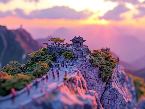 山上古亭小径众多游客攀登赏景