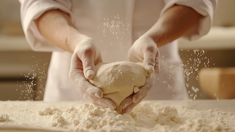 女烘焙师揉面团场景