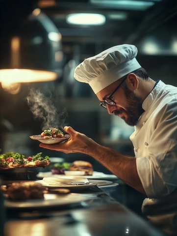 大厨品尝自制美食厨房灯光柔和