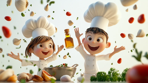 男孩女孩烹饪快乐展示菜单