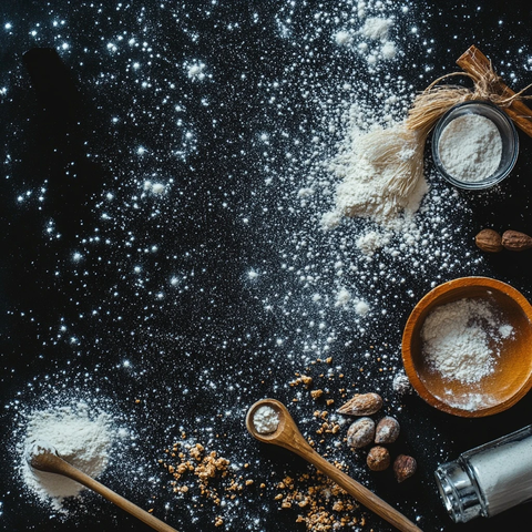 面粉撒落黑色背景