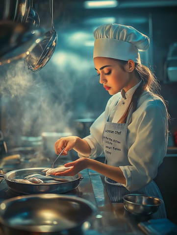 女厨师厨房烹饪小鱼