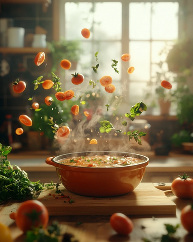 蒸气汤锅与空中漂浮食材