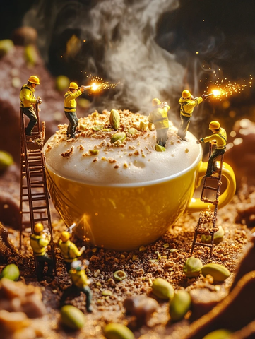 咖啡杯上的微型工人烘烤泡沫