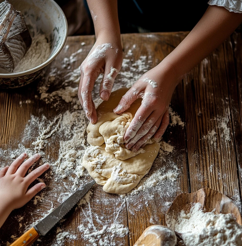 儿童参与面团揉制木桌面粉