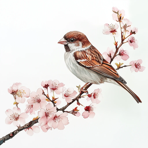 麻雀栖息樱花枝头