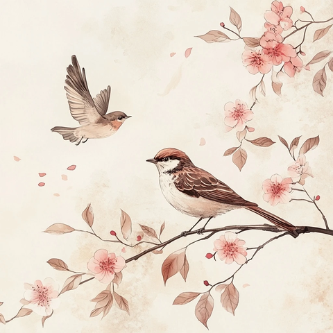 鸟栖枝头飞离樱