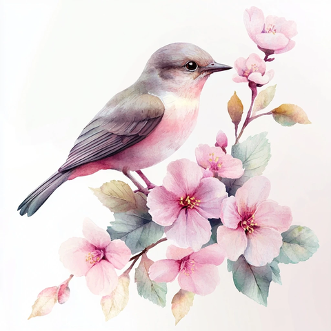 水彩鸟与粉花剪贴画
