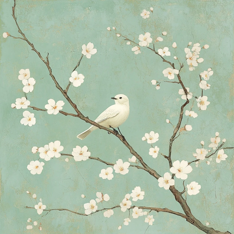 白色樱花树与白鸟