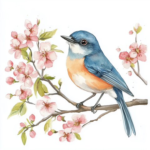 蓝知更鸟树上粉色花朵