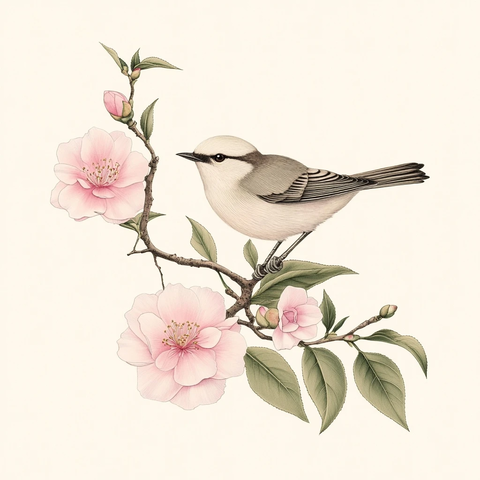 鸟居茶花枝头优雅姿态