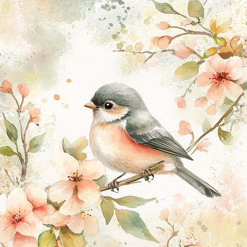 小鸟栖息花枝绽放