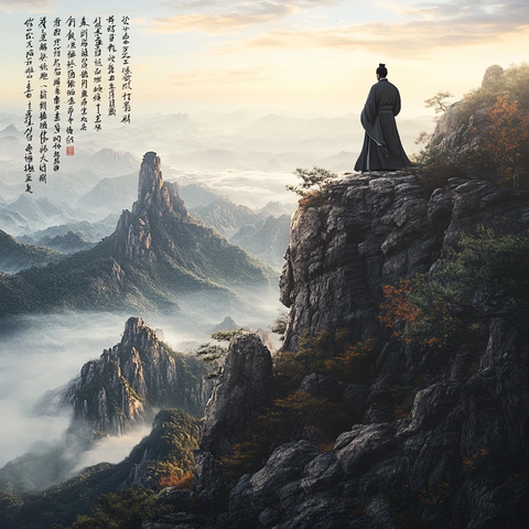 古装人物站在山崖边眺望远方的画面