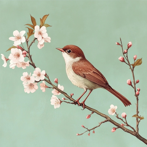 夜莺栖息樱花枝头