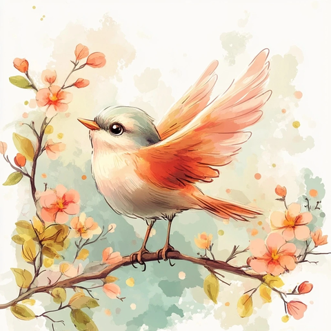 鸟儿展翅花朵盛开