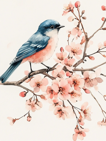 蓝鸟与樱花枝头