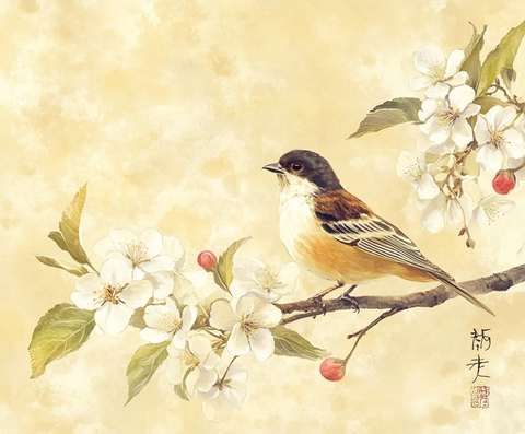 鸟栖苹果树春日景色