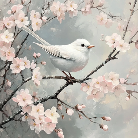 白鸟栖息粉花树枝