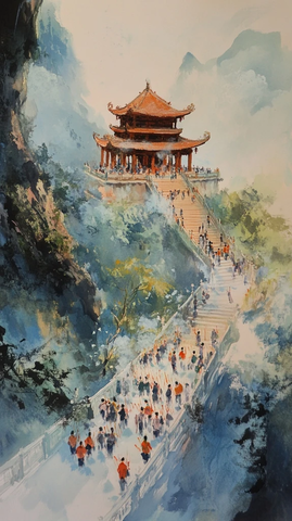 山间古亭众人登山的壮观景象