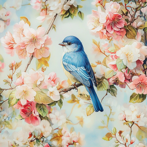 蓝鸟栖息花丛枝头
