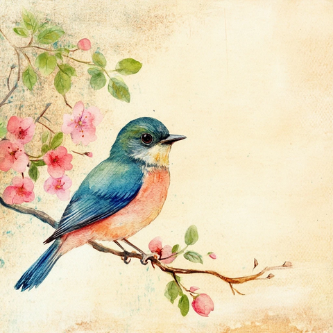 水彩鸟花卉明信片