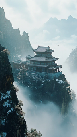 云雾缭绕山间的古式楼阁全景