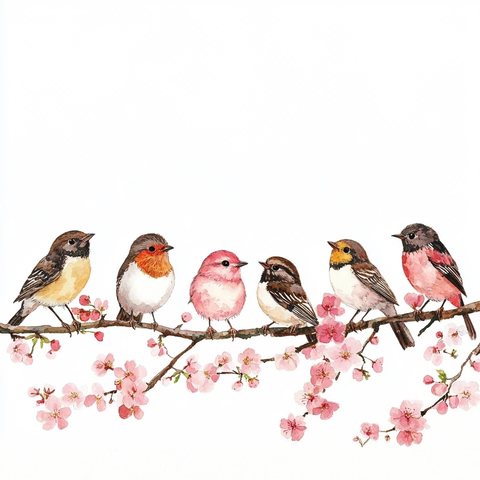 樱花树枝上的小鸟群