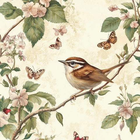 鹪鹩栖枝与花蝶图案