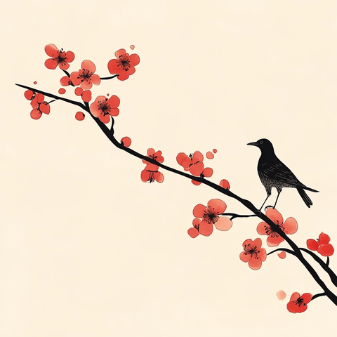 红梅黑枝与喜鹊图