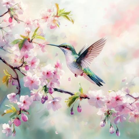 樱花盛开蜂鸟采蜜