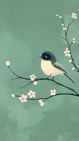 鸟栖梅花绿枝壁纸