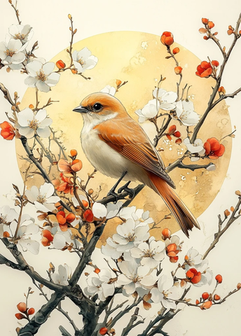 金色边框月下金尾雀