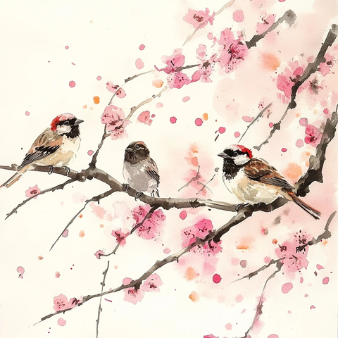 三只麻雀樱花树枝