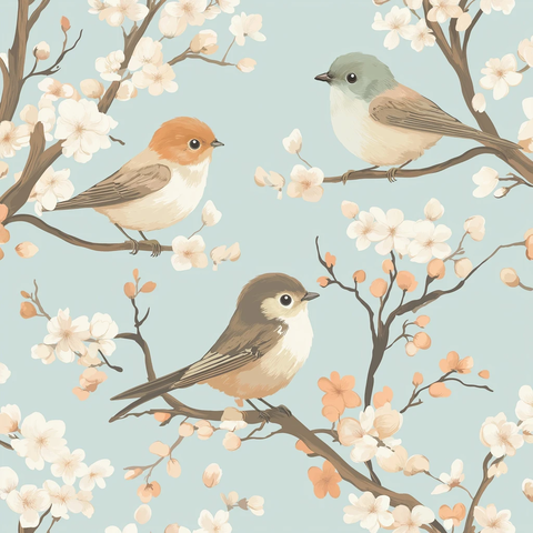樱花枝头鸟儿栖息图