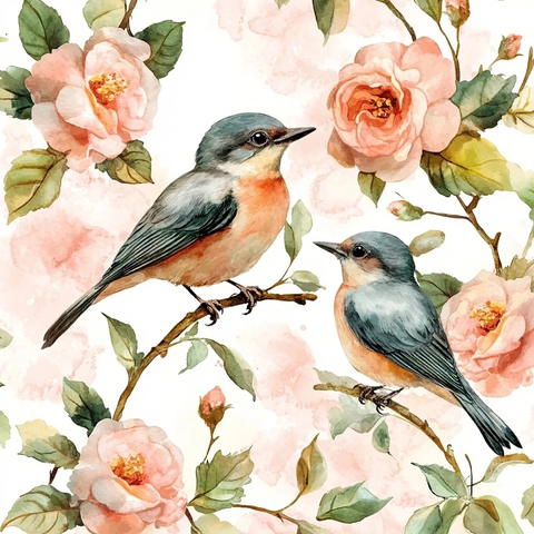 小巧花朵与鸟儿水彩图案